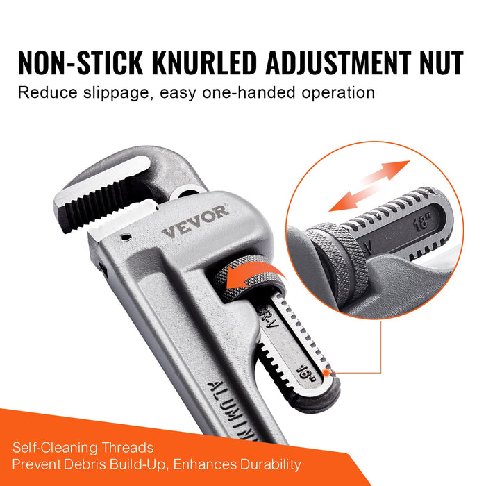 VEVOR 3-Piece Pipe Wrench Set, 10" 14" 18" Aluminum Straight Pipe Wrench, Adjustable Plumbing Wrench, with High Strength Jaw and Ergonomic Handle, Hangable Design, for Water Pipes, Automotive Repairs