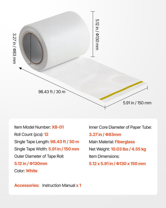 Drywall Mesh Tape, 150mm W x 30m L Self-Adhesive Fiberglass Drywall Joint Tape, 12 Rolls Dry Wall Patch for Easy Sheetrock Ceiling Crack Repair, to Achieve Smooth Even Wall Surface