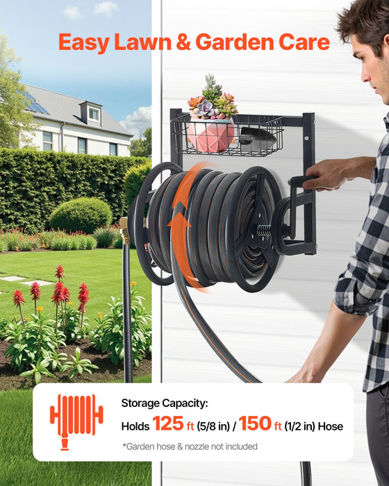 VEVOR Wall Mounted Garden Hose Reel 125ft 5/8 in Metal Hose Reel with Basket