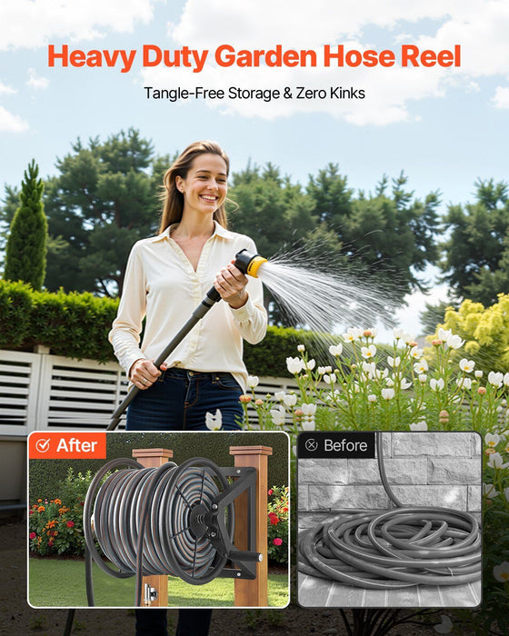 Wall Mounted Garden Hose Reel, Holds 200 ft 5/8-inch Manual Water Hose Winder, Heavy-Duty Steel, Outdoor Reel with Brass Fitting & 5ft Leader Hose, Space Saving, for Yard Lawn Garage