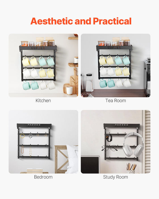 VEVOR Coffee Mug Holder Wall Mounted w/ 12 Movable Hooks and Top Shelf Cup Rack