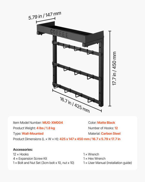 VEVOR Coffee Mug Holder Wall Mounted w/ 12 Movable Hooks and Top Shelf Cup Rack
