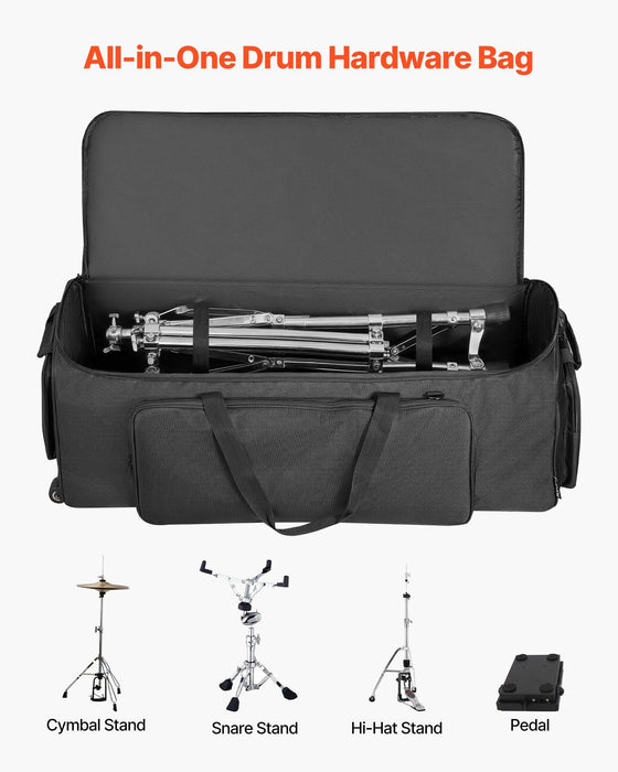 Drum Hardware Bag with Wheels, 1680D, Drum Set Equipment Carry Bag, Carrying Case with Sturdy Handle, Durable Zipper, Smooth PVC Wheels, Multiple Pockets, for Hardware and Stand Accessory, Black