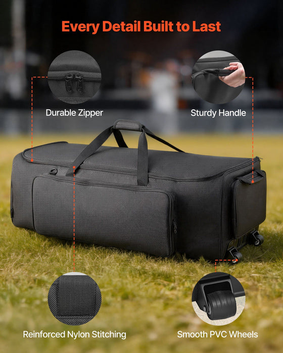 Drum Hardware Bag with Wheels, 1680D, Drum Set Equipment Carry Bag, Carrying Case with Sturdy Handle, Durable Zipper, Smooth PVC Wheels, Multiple Pockets, for Hardware and Stand Accessory, Black