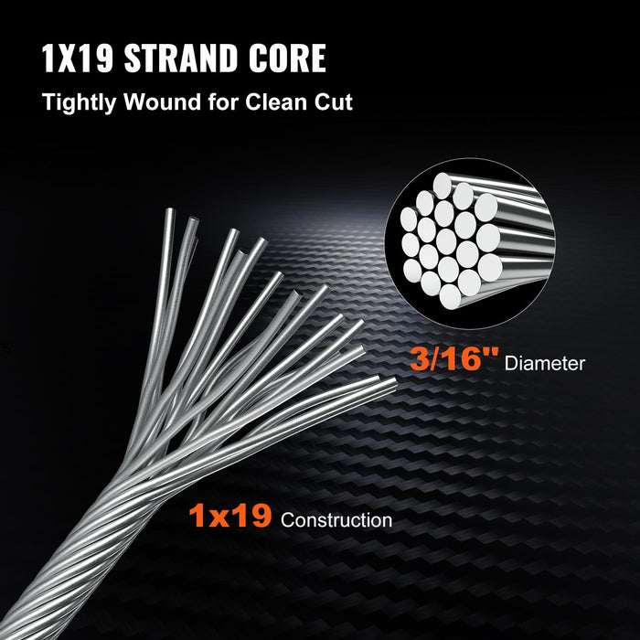 VEVOR Stainless Steel Cable Railing 3/16" x 1000ft, Wire Rope 316 Marine Grade, Braided Aircraft Cable 1x19 Strands Construction for Deck,Rail,Balusters,Stair,Handrail,Porch,Fence