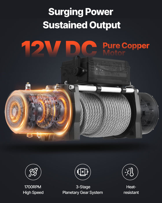 VEVOR Electric Winch, 5400 kg Load Capacity, 12V DC Truck Winch with Φ9.1 mm x 24 m Steel Rope, Wireless & Wired Remote Control, IP55 Waterproof for Towing SUV Jeep Trailer Boat Off-Road Vehicle