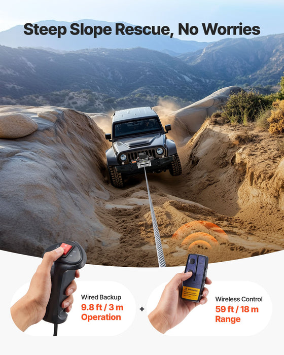 VEVOR Electric Winch, 5400 kg Load Capacity, 12V DC Truck Winch with Φ9.1 mm x 26 m Steel Rope, Wireless & Wired Remote Control, Suitable for Towing SUV Jeep Trailer Boat Off-Road Vehicle
