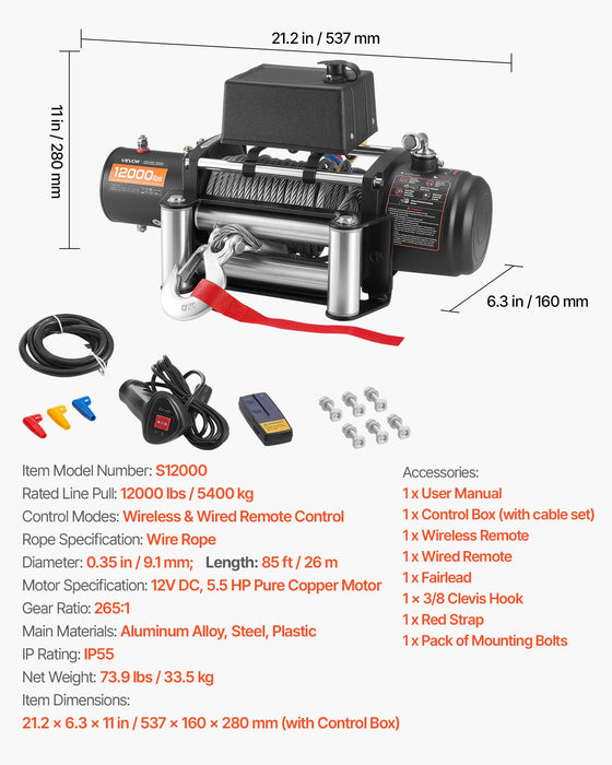 VEVOR Electric Winch, 5400 kg Load Capacity, 12V DC Truck Winch with Φ9.1 mm x 26 m Steel Rope, Wireless & Wired Remote Control, Suitable for Towing SUV Jeep Trailer Boat Off-Road Vehicle
