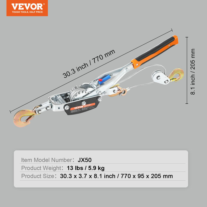 VEVOR Come Along Winch, 5 Ton Max Pulling Capacity, 3.5 m Steel Cable, 3 Hooks, Heavy Duty Ratchet Power Puller Tool with Dual Gears, Automotive Hoist Cable Puller Ideal for Vehicle Rescue