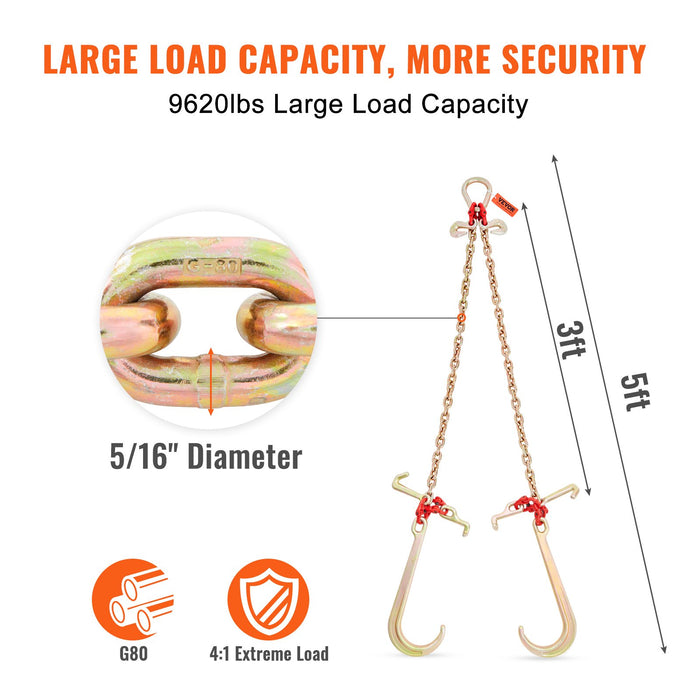 VEVOR V-Chain Bridle, 4364 kg Working Load Limit, 8 x 914.4 mm G80 Tow Chain with RTJ Cluster Hooks, DOT Certified, Galvanized Coating Manganese Steel & D-Shackle, for Lifting & Moving Activities