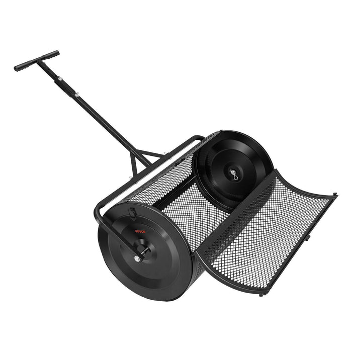 Compost Spreader, 91 cm Wide Peat Moss Spreader with Push/Tow Handle, 4 Heights Adjustable, Powder-Coated Steel Garden Peat Moss Roller, Heavy Duty Grass Seed Roller for Planting Seeding, Black