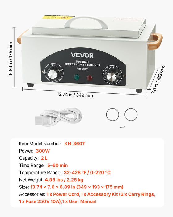 VEVOR High Temperature Autoclave Machine, 2L, 300W High Temperature Cleaner Machine Box with Adjustable Temperature and Time, Dry Heat Cabinet Nail Tool Cleaner for Labs, Home, Nail and Beauty Salons