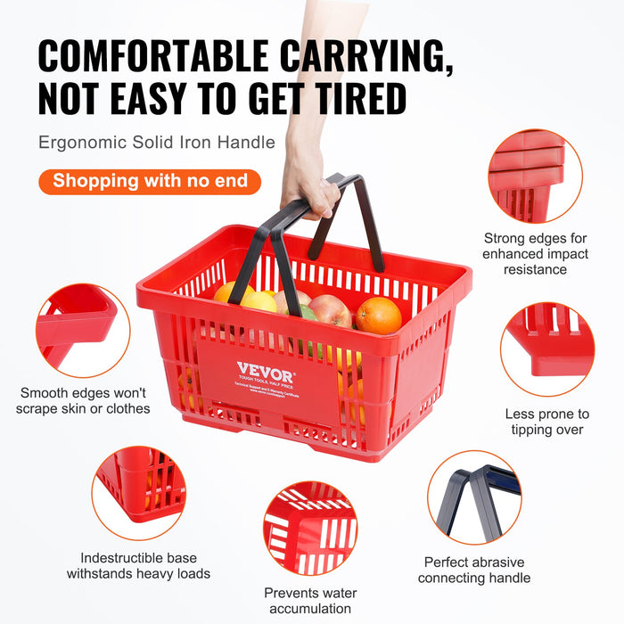 VEVOR Shopping Basket, Set of 12, 24L Durable Plastic Grocery Basket with Handle and Stand, 425 x 295 x 225 mm Portable Shop Basket Bulk Used for Retail Store, Supermarket, and Grocery Shopping, Red