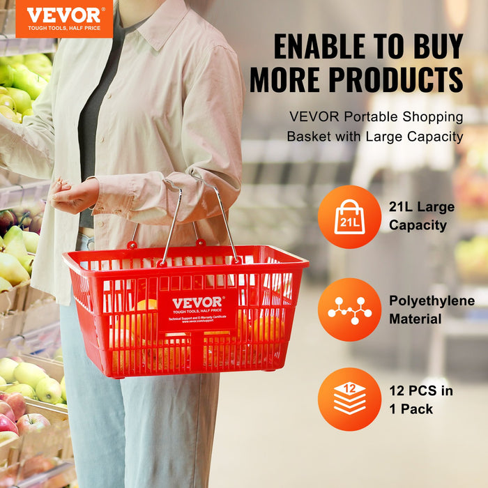 VEVOR Shopping Basket, Set of 12, 21L Durable Plastic Grocery Basket with Metal Handle and Stand, 425 x 305 x 218 mm Portable Shop Basket Bulk Used for Retail Store Supermarket Grocery Shopping, Red