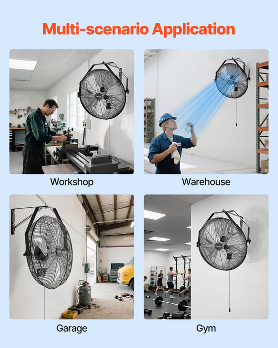 VEVOR 615mm Industrial Wall Mount Fan 3 Speed 4650 CFM for Garage Greenhouse