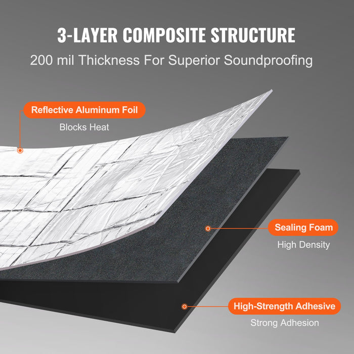 VEVOR Car Sound Deadening Mat, 200 mil 3.3sq.m Automotive Sound Deadener, High Density Foam Sound Deadener Material & Heat Barrier, Double Layer Waterproof Structure Acoustic Insulation Mat