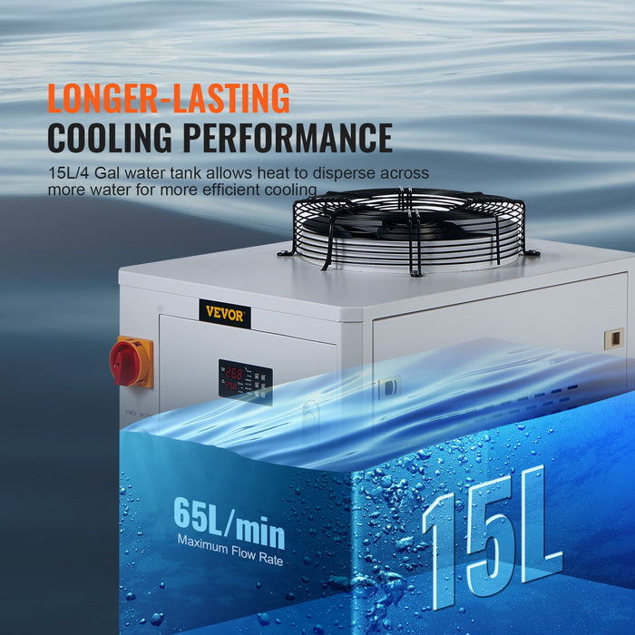 VEVOR Industrial Water Chiller, CW6000, 1500W Industrial Water Cooler Cooling System with Compressor 15L Water Tank Capacity 65 L/min Max Flow Rate, for CO2 Laser Engraving Machine Cooling Machine