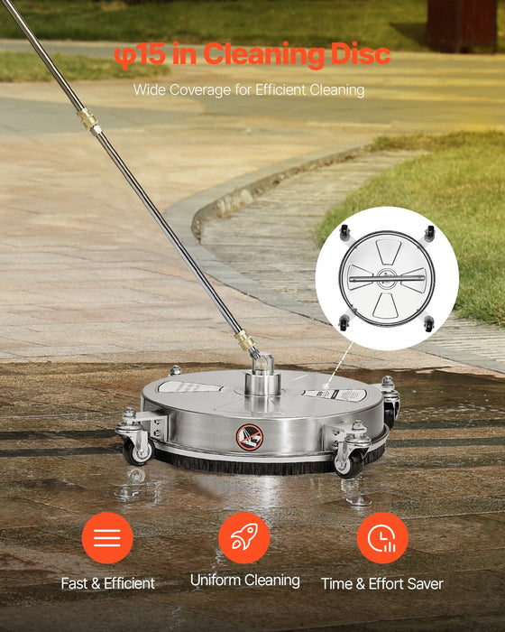 VEVOR 15" Pressure Washer Surface Cleaner 4 Wheels 4000 Max PSI 2 Extended Wands