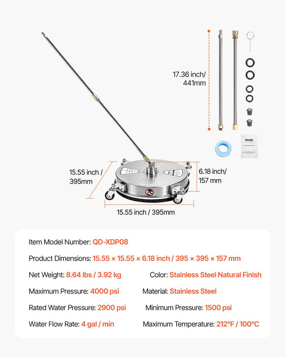 VEVOR 15" Pressure Washer Surface Cleaner 4 Wheels 4000 Max PSI 2 Extended Wands
