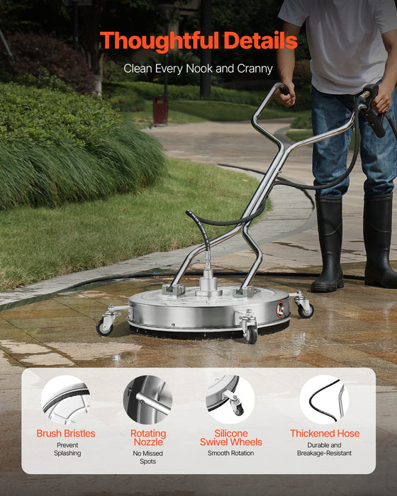 VEVOR 24" Pressure Washer Surface Cleaner, Stainless Steel Pressure Washer Attachments with 4 Wheels, 4000 Max PSI, 3/8 Quick Connector, 2 Spray Nozzles, Dual Handle, for Concrete, Patio, Sidewalk