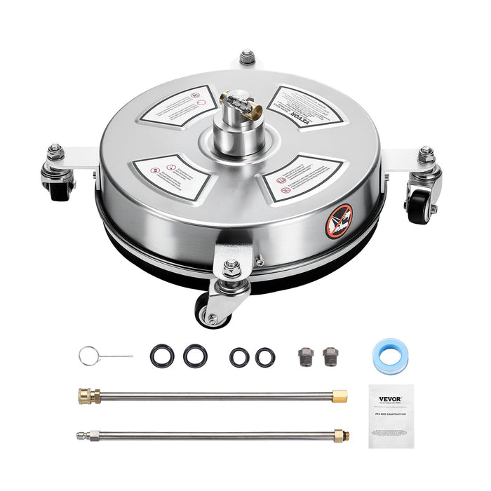 VEVOR 14" Pressure Washer Surface Cleaner, Stainless Steel Pressure Washer Attachments with 4 Wheels, 4000 Max PSI, 1/4 Quick Connector, 2 Spray Nozzles, 2 Extended Wands for Concrete, Patio, Deck