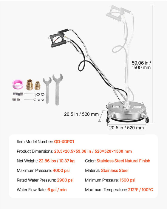 VEVOR 20" Pressure Washer Surface Cleaner, Stainless Steel Pressure Washer Attachments with 4 Wheels, 4500 Max PSI, 3/8 Quick Connector, 2 Spray Nozzles, Dual Handle, for Concrete, Patio, Sidewalk