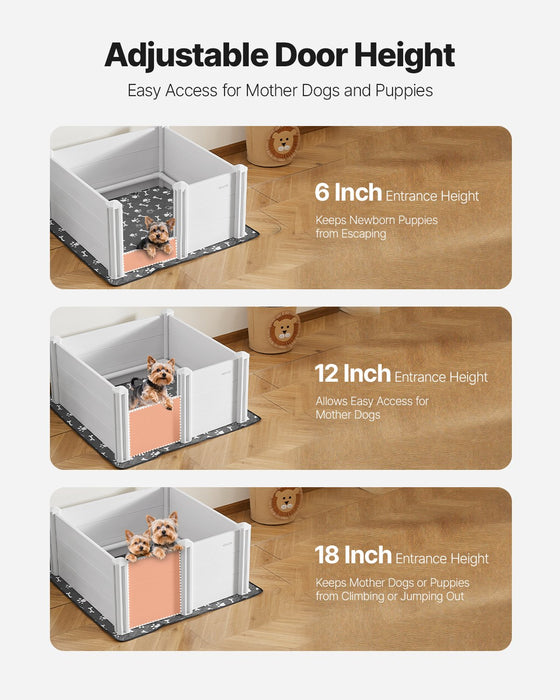 VEVOR Dogs Whelping Box, 980 x 980 x 460 mm, Plastic PVC Puppies Playpen with Height Adjustable Door and Washable Pee Pad, Anti-Deformation Indoor Puppy Play Pen for Medium Breed Dogs, Milk White