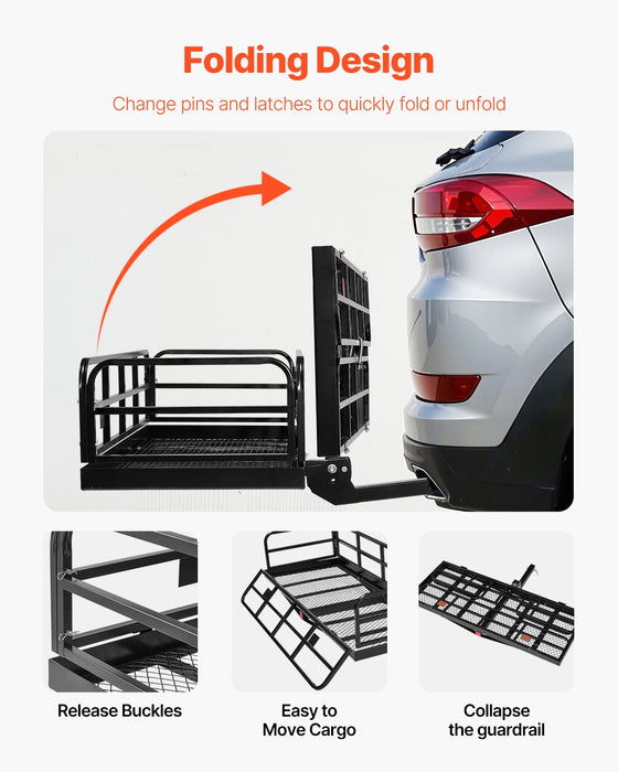 VEVOR 60" x 24" x 14", Hitch Cargo Carrier, 500 lbs Capacity Hitch Cargo Carrier with Anti-Rattle Hitch Stabilizer, Folding Hitch Mount Cargo Carrier with Pins and Latches, Fit for SUVs/Pickup Trucks