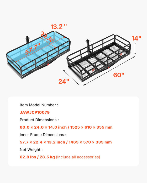 VEVOR 60" x 24" x 14", Hitch Cargo Carrier, 500 lbs Capacity Hitch Cargo Carrier with Anti-Rattle Hitch Stabilizer, Folding Hitch Mount Cargo Carrier with Pins and Latches, Fit for SUVs/Pickup Trucks