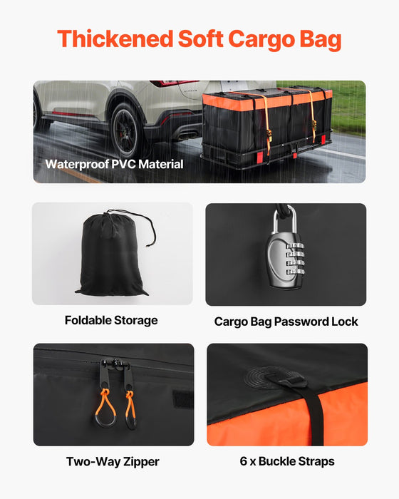 VEVOR 60" x 24" x 6", Hitch Cargo Carrier, 500 lbs Capacity Hitch Cargo Carrier with Cargo Net with Hook & Waterproof Cargo Bag, Folding Hitch Mount Cargo Carrier with Ratchet Straps, Fit for SUVs