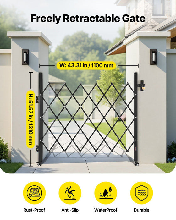 Single Folding Security Gate, Lockable Scissor Gate with 360 degree Swivel Casters, Outdoor Barricade Steel Retractable Gates, for Entry Security, Garage, Warehouse & Pool, 1100 x 1310 mm (W x H)
