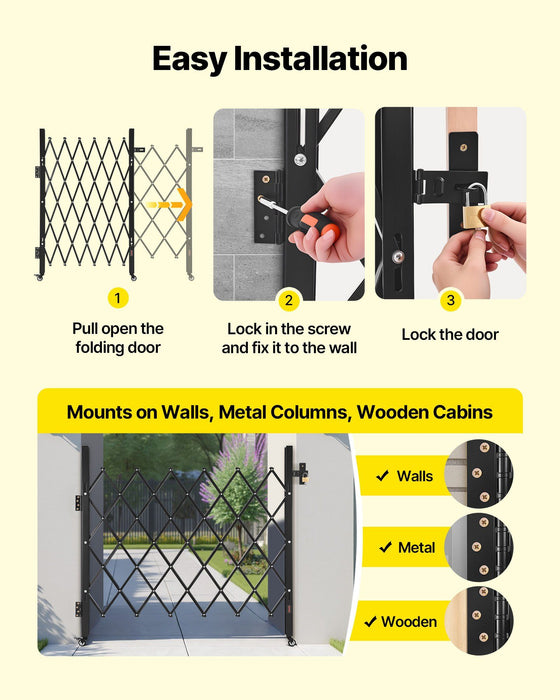Single Folding Security Gate, Lockable Scissor Gate with 360 degree Swivel Casters, Outdoor Barricade Steel Retractable Gates, for Entry Security, Garage, Warehouse & Pool, 1100 x 1310 mm (W x H)
