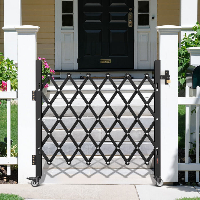 Single Folding Security Gate, Lockable Scissor Gate with 360 degree Swivel Casters, Outdoor Barricade Steel Retractable Gates, for Entry Security, Garage, Warehouse & Pool, 1100 x 1310 mm (W x H)
