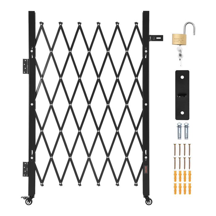 Single Folding Security Gate, Lockable Scissor Gate with 360 degree Swivel Casters, Outdoor Barricade Steel Retractable Gates, for Entry Security, Garage, Warehouse & Pool, 1100 x 1310 mm (W x H)