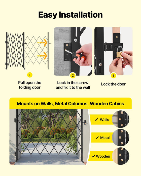 Single Folding Security Gate, Lockable Scissor Gate with 360 degree Swivel Casters, Outdoor Barricade Steel Retractable Gates, for Entry Security, Garage, Warehouse & Pool, 1800 x 1610 mm (W x H)