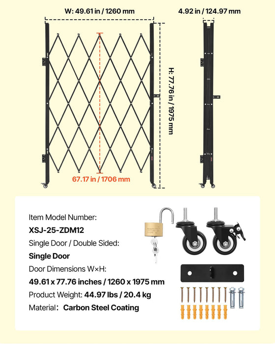 Single Folding Security Gate, Lockable Scissor Gate with 360 degree Swivel Casters, Outdoor Barricade Steel Retractable Gates, for Entry Security, Garage, Warehouse & Pool, 1260 x 1975 mm (W x H)