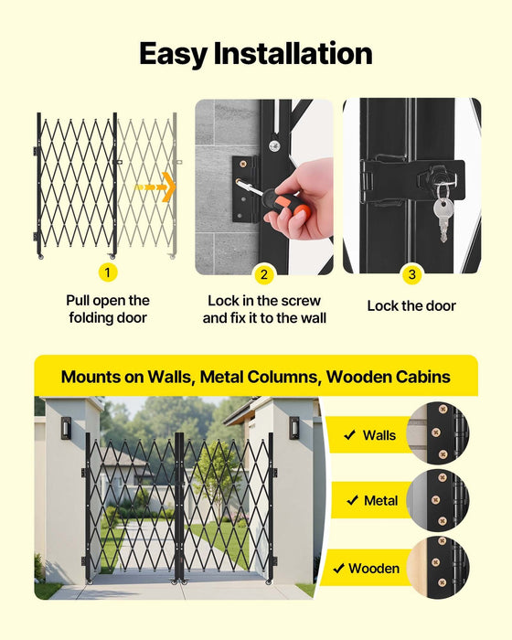 Double Folding Security Gate, Lockable Scissor Gate with 360 degree Swivel Casters, Outdoor Barricade Steel Retractable Gates, for Entry Security, Garage, Warehouse & Pool, 3200 x 1605 mm in (W x H)