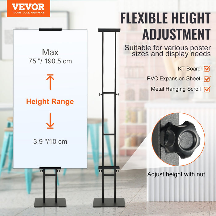 VEVOR Poster Stand, Adjustable Height Up to 75", Double-Sided Heavy Duty Pedestal Sign Holder, Floor Standing Sign Holder Banner Stand with Shock-absorbing Base for Display, for Board and Foam, Black