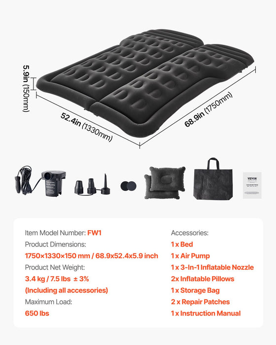VEVOR Car Air Mattress Inflatable Car Camping Travel Sleeping Bed SUV MPV Sedan