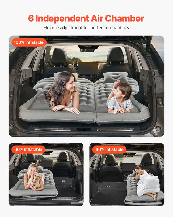 VEVOR Car Air Mattress, Inflatable Car Camping Mattress, Flocking Thickened Travel Beds, Comfortable and Durable Portable Sleeping Pad with Air Pump, Nozzle, Carry Bag, Fits Most SUV MPV Sedan, Gray