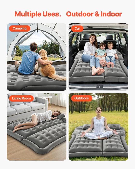VEVOR Car Air Mattress, Inflatable Car Camping Mattress, Flocking Thickened Travel Beds, Comfortable and Durable Portable Sleeping Pad with Air Pump, Nozzle, Carry Bag, Fits Most SUV MPV Sedan, Gray