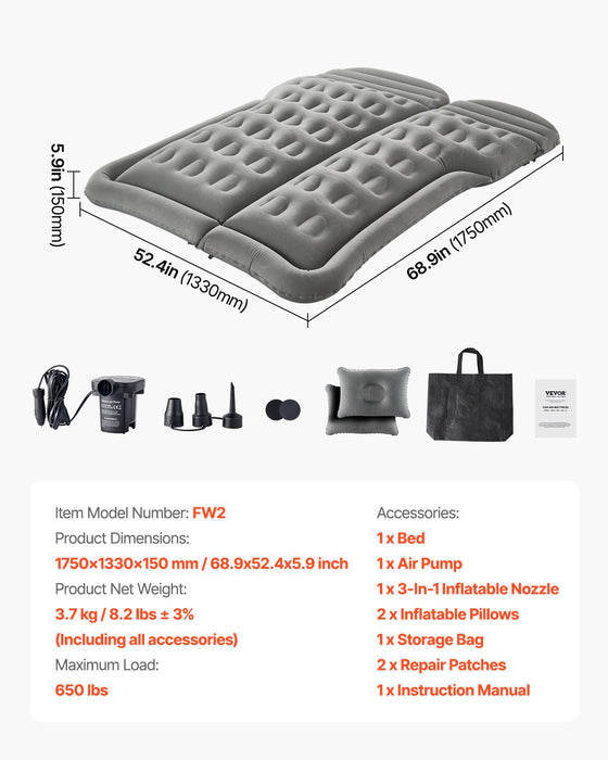 VEVOR Car Air Mattress, Inflatable Car Camping Mattress, Flocking Thickened Travel Beds, Comfortable and Durable Portable Sleeping Pad with Air Pump, Nozzle, Carry Bag, Fits Most SUV MPV Sedan, Gray