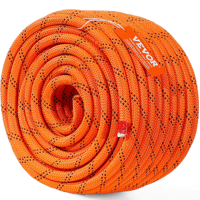 VEVOR Double Braided Polyester Rope, 12.7 mm x 36.57 m, 48 Strands, 35.58kN Breaking Strength Outdoor Climbing Rope, Arborist Rigging Rope for Rock Hiking Camping Swing Rappelling Rescue, Orange/Black