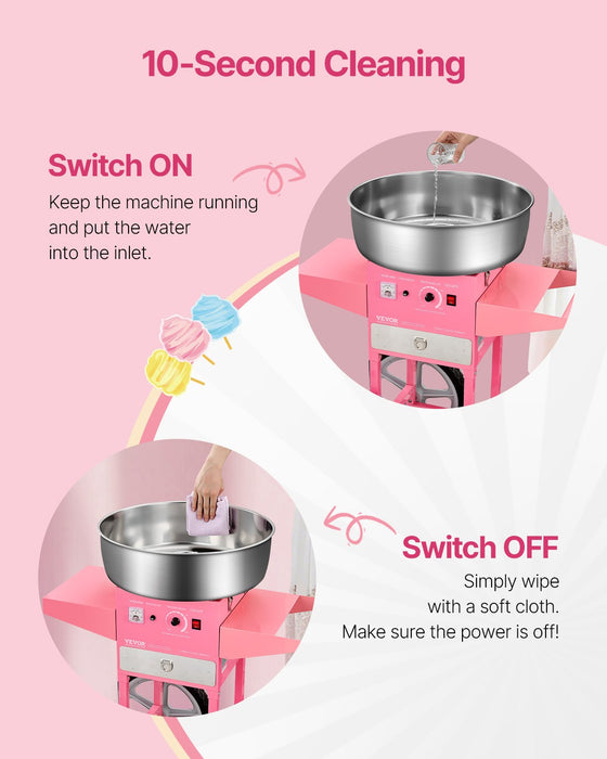 VEVOR Electric Cotton Candy Machine with Cart, 1000W Commercial Candy Floss Maker with 52cm in Stainless Steel Bowl, Sugar Scoop, and Drawer, Easy to Use, for Home, Kids Birthday, Family Party, Pink