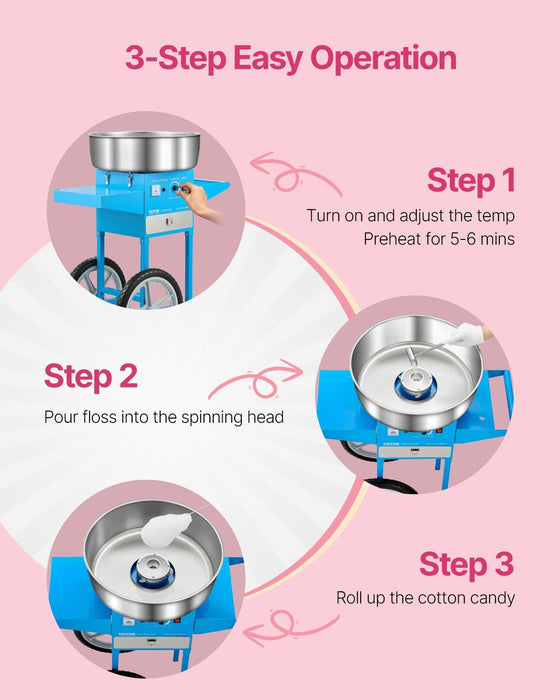 Electric Cotton Candy Machine with Cart, 1000W Commercial Candy Floss Maker with 52cm Stainless Steel Bowl, Sugar Scoop, and Drawer, Easy to Use, for Home, Kids Birthday, Family Party, Blue