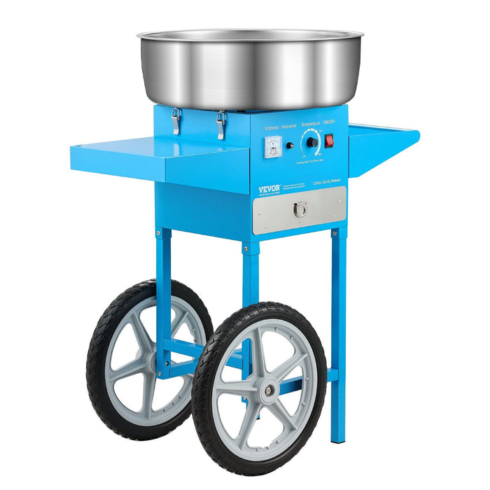 Electric Cotton Candy Machine with Cart, 1000W Commercial Candy Floss Maker with 52cm Stainless Steel Bowl, Sugar Scoop, and Drawer, Easy to Use, for Home, Kids Birthday, Family Party, Blue