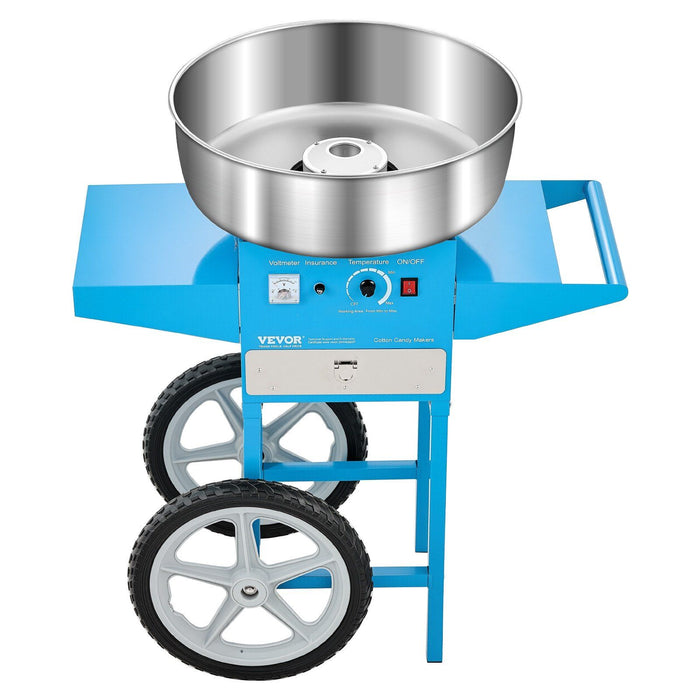 Electric Cotton Candy Machine with Cart, 1000W Commercial Candy Floss Maker with 52cm Stainless Steel Bowl, Sugar Scoop, and Drawer, Easy to Use, for Home, Kids Birthday, Family Party, Blue