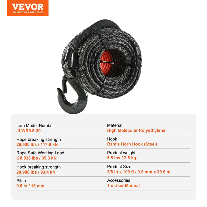 Synthetic Winch Rope, 9.5 mm x 30.5 m, 117.9 kN, Synthetic Winch Line Cable Rope with Protective Sleeve + Forged Winch Hook + Pull Strap, Universal Fit for SUV, Large Off-Road Vehicle, Truck