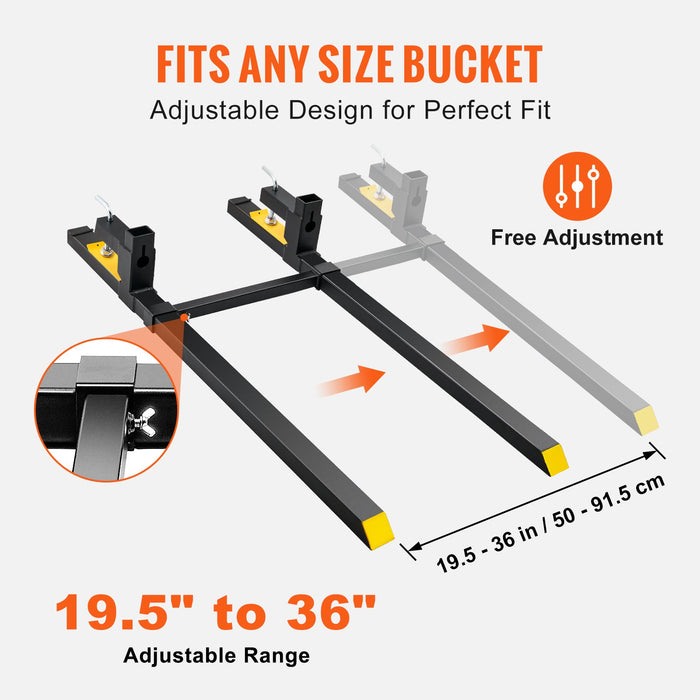 VEVOR Pallet Forks, 907 kg Tractor Bucket Forks, 1490 mm Total Length Clamp on Pallet Forks with Adjustable Stabilizer bar, Heavy Duty Pallet Forks for Tractor Attachments, Skid Steer, Loader Bucket