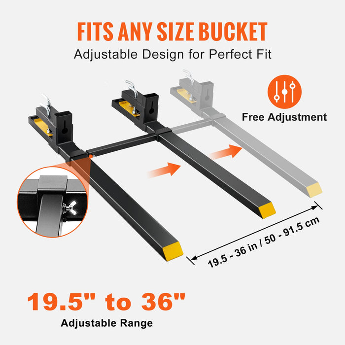 VEVOR Pallet Forks, 907 kg Clamp on Pallet Forks, 1490 mm Total Length Heavy Duty Pallet Forks with Adjustable Stabilizer bar, Tractor Bucket Forks for Tractor Attachments, Skid Steer, Loader Bucket